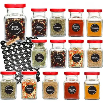 Sklenice Sklenice na koření 150 ml x 14 ks s červeným víčkem + 90 etiket + naběračka