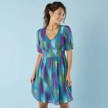 Dámské šaty Krátké voálové šaty s potiskem, pro menší postavu tyrkysová/medová 40