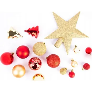 Vánoční dekorace SADA VÁNOČNÍCH OZDOB VÁNOČNÍ BAŇKY + HVĚZDA ZLATÉ ČERVENÉ X44 DÍLY. SADA