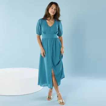 Dámské šaty Jednobarecné dlouhé voálové šaty pro menší postavu tyrkysová 52