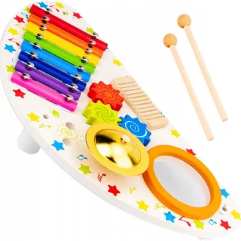 Hudební nástroj pro děti SADA DŘEVĚNÝCH HUDEBNÍCH NÁSTROJŮ: Xylofon, Ozubená kola, Struhadlo, Bubínek, Činel, Paličky