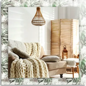 Zrcadlo Moderní Loftové zrcadlo závěsné s potiskem Listy zelené vzor 60x60 cm