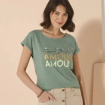 Dámské tričko Tričko s potiskem amour a krátkými ohrnutými rukávy šedozelená 54