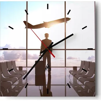 Hodiny Velké nástěnné hodiny na zeď 40x40 Letiště Skleněné hodiny Čtvercové Tiché