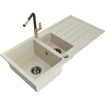 Granitový dřez MEXEN/S - Andres granitový dřez s odkapávačem včetně baterie Flora, béžová 6515-69-670401-57-B