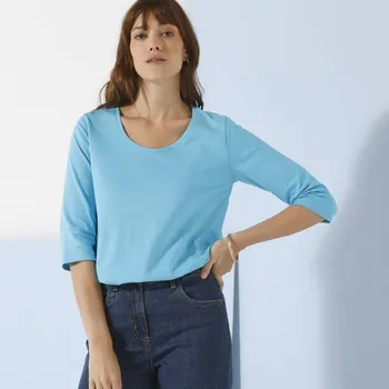 Dámské tričko Jednobarevné tričko s 3/4 rukávy a kulatým výstřihem tyrkysová 34/36