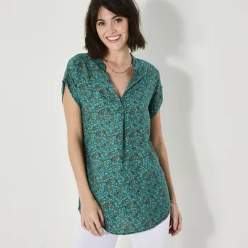 Dámské tričko Tunika s ohrnutými rukávy a potiskem zelená/vícebarevná 40