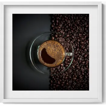 Obraz Ozdobný nástěnný obraz v bílém rámu s grafikou loft Káva a zrna 50x50 cm