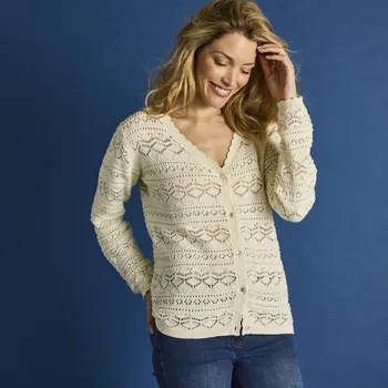 Dámský svetr Ažurový propínací svetr s výstřihem do V režná 42/44