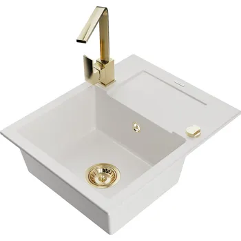 MEXEN/S - Enzo granitový dřez 1-miska s odkapávačem včetně baterie Rita, bílá 6506-20-670300-50