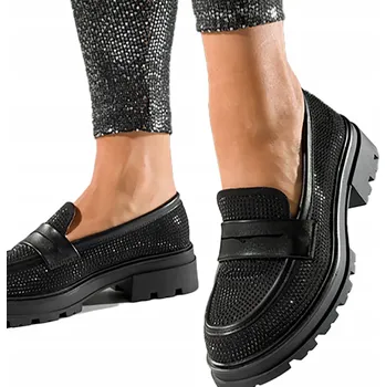 Dámské mokasíny DÁMSKÉ POLOBOTKY MOKASÍNY S BĚHOUNEM MÓDNÍ ZIRKONY ČERNÉ vel. 39