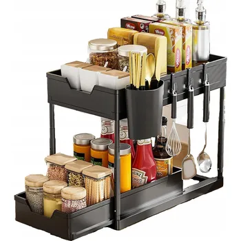 ORGANIZÉR DO KUCHYNĚ NA KOŘENÍ POLIČKA POD UMYVADLO ČERNÁ NASTAVITELNÁ HÁČKY