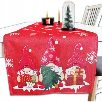 ubrus VÁNOČNÍ BĚHOUN NA STŮL ČERVENÝ S TRPASLÍKY 220 x 40 cm VELKÝ NA SVÁTKY