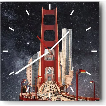 Hodiny Velké nástěnné hodiny na zeď 40x40 Mosty Skleněné hodiny Čtvercové Tiché