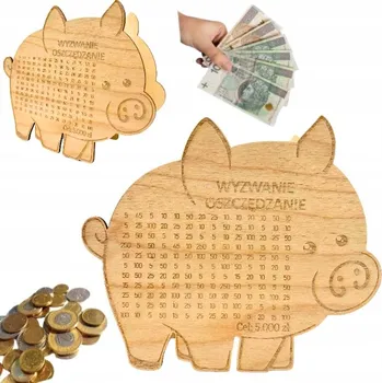 Obraz DŘEVĚNÉ PRASÁTKO POKLADNIČKA VÝZVA ÚSPORY 5000ZŁ DÁREK UPOMÍNKA
