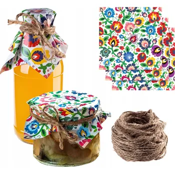 Sklenice VÍČKA, KRYTKY NA SKLENICE, ZAVAŘENINY, LAHVE, UBROUSKY + JUTOVÝ PROVÁZEK x10