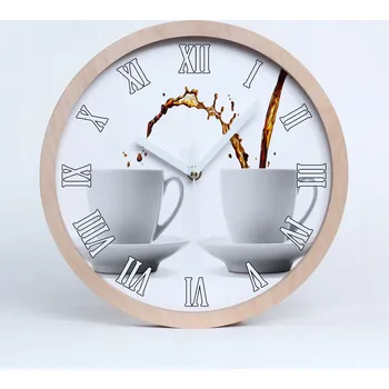 Hodiny Dřevěné nástěnné hodiny s motivem tekoucí káva průměr 25 cm