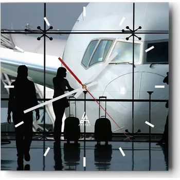 Hodiny Velké nástěnné hodiny na zeď 40x40 Letadlo Skleněné hodiny Čtvercové Tiché