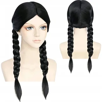 Karnevalová paruka UNIVERZÁLNÍ ČERNÁ PARUKA S COPY DLOUHÁ DÁMSKÁ WEDNESDAY NA PÁRTY