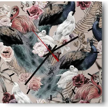 Hodiny Velké nástěnné hodiny na zeď 40x40 Ptáci Skleněné hodiny Čtvercové Tiché