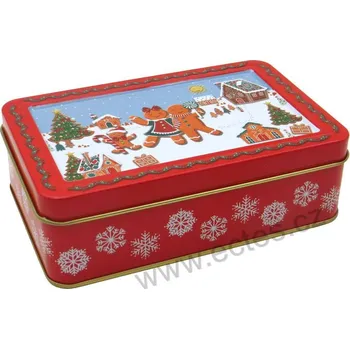 Dóza na potraviny GINGERBREAD FAMILY plechová dóza na čokoládu 2636 veselá perníková rodinka v zasněžené vesničce