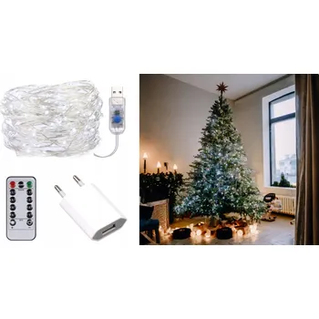 Vánoční dekorace VÁNOČNÍ OSVĚTLENÍ NA STROMEČEK LED ŘETĚZ S DÁLKOVÝM OVLÁDÁNÍM USB + NAPÁJECÍ ADAPTÉR STUDENÁ BÍLÁ 10m