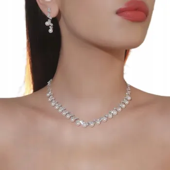 Náhrdelník DÁMSKÝ NÁHRDELNÍK s KŘIŠŤÁL, perlami, stříbrný, se zirkony, 30+16 cm + Náušnice