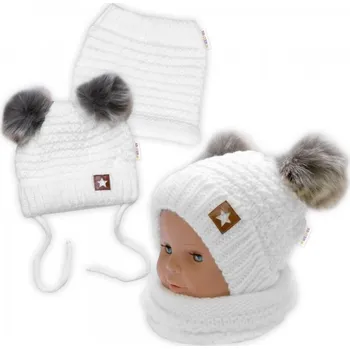 Módní doplněk Zimní pletená čepice Star s fleecem a chlupáčkové bambulky+komínek 2D sada, bílá, Velikost koj. oblečení 98-104 (2-4r)