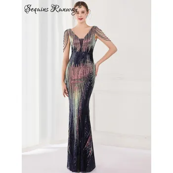 Dámské šaty Dlouhé plesové šaty Sequins SQ904 Barva: Tmavě Modrá, Velikost: M