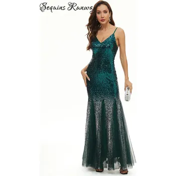 Dámské šaty Sexy dlouhé šaty na svatbu Sequins SQ1147 Barva: Zelená, Velikost: M