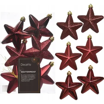 Vánoční dekorace Vánoční Baňky hvězdičky tmavě červené třpytky/mat/lesk 2x7,5x7,5cm 6 Ks