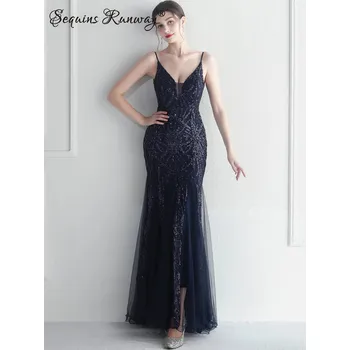 Dámské šaty Sexy večerní šaty maxi Sequins SQ1076 Barva: Tmavě Modrá, Velikost: M