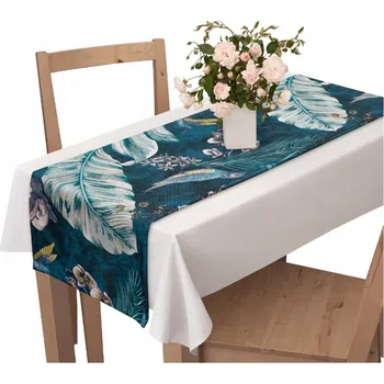 ubrus UBRUS BĚHOUN NA STŮL 40x200 CM DEKORATIVNÍ S MOTIVEM PTÁKŮ, PEŘÍ A LISTŮ