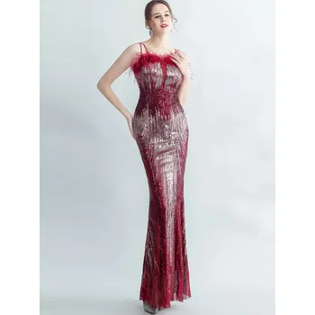 Dámské šaty Maxi plesové šaty Sequins SQ962 Barva: Vínová, Velikost: L