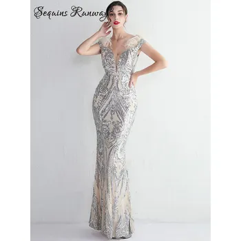 Dámské šaty Dlouhé šaty na svatbu Sequins SQ1045 Barva: Stříbrná, Velikost: XL