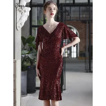 Dámské šaty Večerní midi šaty Sequins SQ180 Barva: Vínová, Velikost: XL