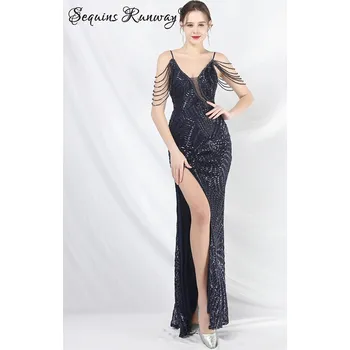 Dámské šaty Dlouhé večerní šaty Sequins SQ1114 Barva: Tmavě Modrá, Velikost: L