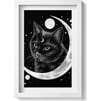 Obraz Dekorativní nástěnný obraz v bílém rámu Magická černá kočka a vesmír 20x30 cm