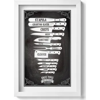 Obraz Dekorativní nástěnný obraz s grafikou v bílém rámu - Typy nožů v kuchyni 20x30 cm