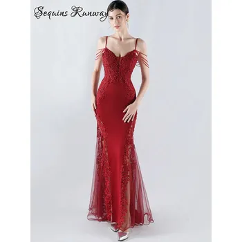 Dámské šaty Dlouhé šaty na ples Sequins SQ1024 Barva: Vínová, Velikost: S