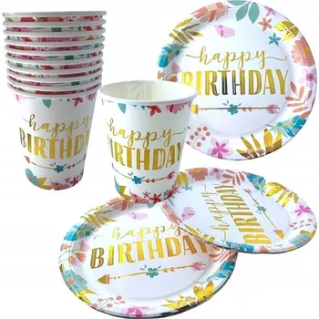 Talíř Sada papírových talířů a Kelímky motivem BOHO KVĚTIN k narozeninám, 20 ks