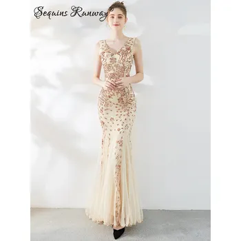 Dámské šaty Sexy dlouhé šaty na ples Sequins SQ1144 Barva: Zlatá, Velikost: 2XL