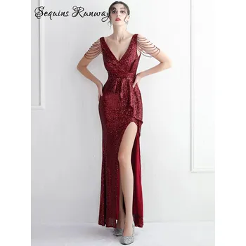 Dámské šaty Plesové šaty dlouhé Sequins SQ1205 Barva: Vínová, Velikost: S