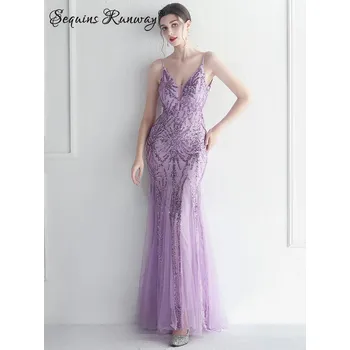 Dámské šaty Sexy svatební šaty maxi Sequins SQ1084 Barva: Fialová, Velikost: 2XL