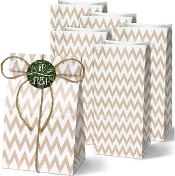 Papírové tašky BÍLÉ s HNĚDÝMI ZIG ZAG vzory eko 5 kusů