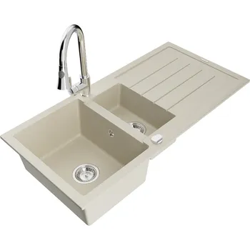 Granitový dřez MEXEN/S - Andres granitový dřez s odkapávačem včetně baterie Elia, béžová 6515-69-670101-00
