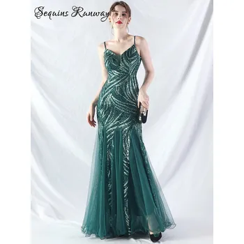 Dámské šaty Dlouhé společenské šaty Sequins SQ893 Barva: Zelená, Velikost: S