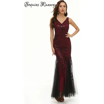 Dámské šaty Sexy dlouhé šaty na večer Sequins SQ1119 Barva: Červená, Velikost: M