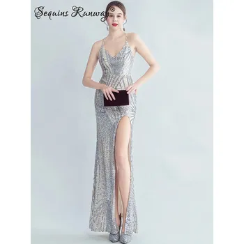 Dámské šaty Dlouhé večerní šaty Sequins SQ1128 Barva: Stříbrná, Velikost: 2XL