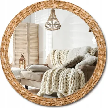 Zrcadlo Stylové kulaté zrcadlo na zeď s potiskem na skle, v designu proutí, průměr 90 cm